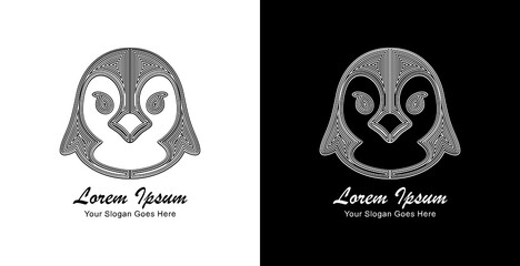 The logo design is in the form of a penguin with a front view and is made using thick lines that form a layered pattern