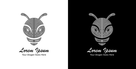 The logo design is in the shape of a bee's head with a front view and is made using thick lines that form a layered pattern