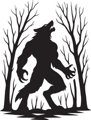 "Werewolf Silhouette in Haunted Forest – Dark Mythical Creature Illustration for Horror and Fantasy Themes"