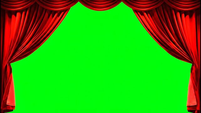 Elegant red velvet theater curtains opening to reveal a bright chroma key green screen background.