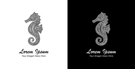 A seahorse logo design created using thick lines that form a layered pattern © Yohanes