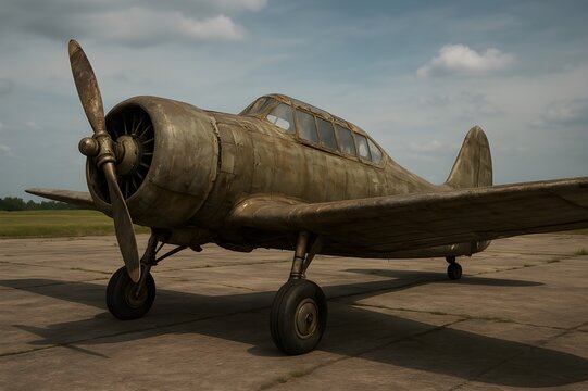 A vintage single-engine propeller plane with a weathered, metallic surface sits on a concrete tarmac under a cloudy sky.