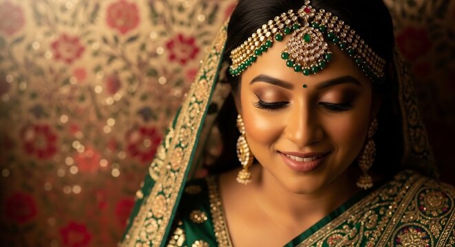 Beautiful Indian bride in traditional green and gold bridal wear. Perfect for wedding invitations, beauty ads, cultural event promotions, and South Asian celebrations.