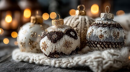 Festive knitted Christmas ornaments with golden accents beige white