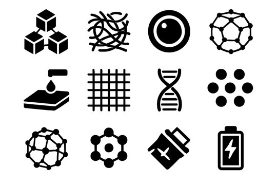 Nanocube icon set nanoscale cluster particle nanomaterials deposition fullerene nanofiber vector mesh