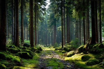 Obraz premium Sunlit forest path, tall trees, mossy rocks