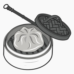 Monochrome illustration of a single steamed dumpling in a bamboo steamer.