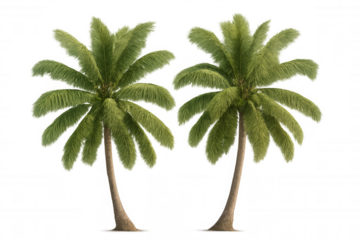 Lush coconut palm trees rising vertically, green fronds waving softly against pristine transparent background