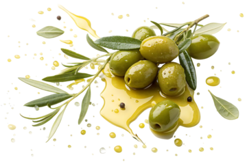 Fresh green olives with twigs and olive oil splash aroma