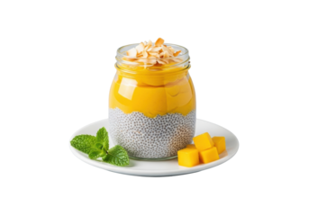 Sleek glass jar with vibrant, layered chia seed pudding, creamy mango, toasted coconut, mint, and mango cubes, on white plate, pristine transparent background, concept of nutritious snack