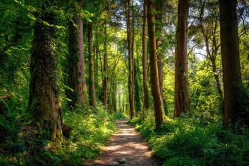 Obraz premium Sunlit path through lush green forest