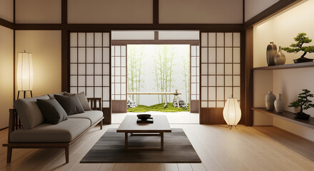 Fototapeta premium Elegant and modern Japanese minimalist living space showcasing clean architectural lines, precise design, and a tranquil natural garden view for contemporary living