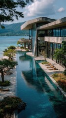 Obraz premium A contemporary concrete structure, perched on a tranquil coastal setting, features an expansive infinity pool reflecting the serene landscape and clear waters