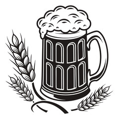 A black and white illustration of a frothy beer mug with wheat stalks.