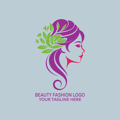 Modern Beauty Fashion Logo with Woman Silhouette, Floral Hair Elements, and Purple-Green Color Scheme