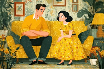 A sad man apologizes for upsetting a woman sitting on the couch at home.