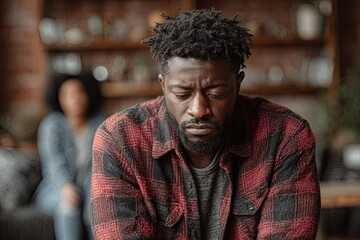 A sad man apologizes for upsetting a woman sitting on the couch at home.