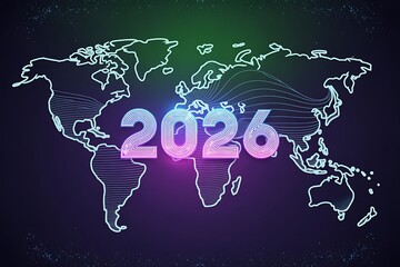 Dynamic neon 2026 year glowing bright over stylized world map, perfect for future, global, and technology themes
