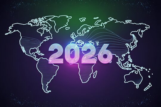 Dynamic neon 2026 year glowing bright over stylized world map, perfect for future, global, and technology themes - Powered by Adobe