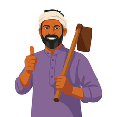 Happy Indian Farmer Giving a Thumbs Up, Holding a Hoe