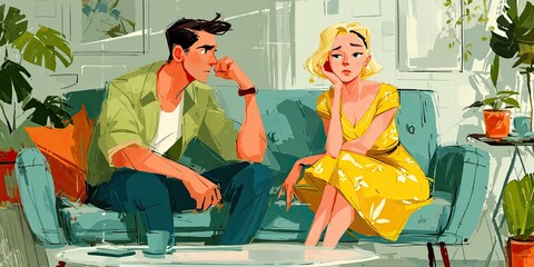 A sad man apologizes for upsetting a woman sitting on the couch at home.