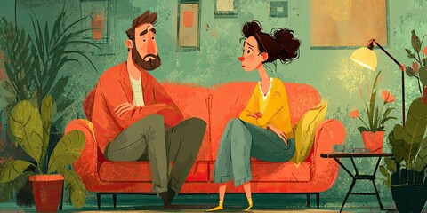 A sad man apologizes for upsetting a woman sitting on the couch at home.