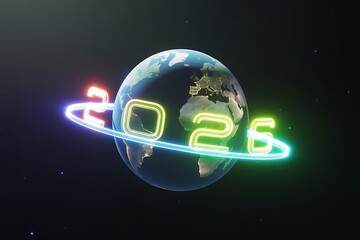 Dynamic 2026 countdown orbits glowing Earth, symbolizing future innovation, global connection, and exciting new beginnings for your business projects.