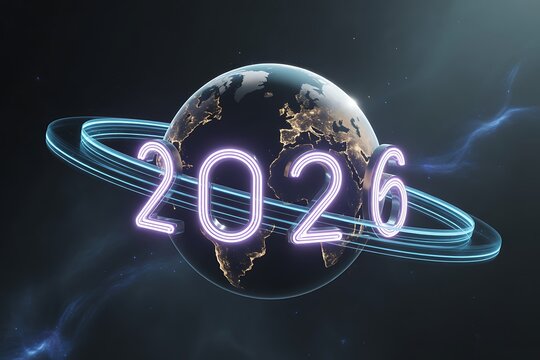 Dynamic 2026 glowing neon numbers orbit a vibrant Earth, symbolizing future innovation and global connectivity in the vast universe