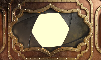 Steampunk metal board with brass borders. Open metal hole or door.  