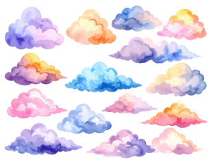 Watercolor cloud collection.  Various pastel clouds in different shades of pink, purple, blue, orange, and yellow.  Watercolor style, with soft blended colors.  Arranged in a grid pattern
