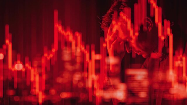 Economic Downturn: A person stares, seemingly in despair, at a falling graph of the financial market, rendered in red hues, portraying the crushing weight of economic challenges.