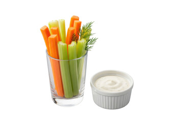 Fresh, vibrant carrot & celery sticks in glass cup, creamy ranch dip in white ramekin with dill, transparent, 45-degree close-up, healthy snack product concept.