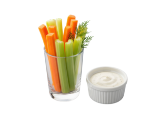 Fresh, vibrant carrot & celery sticks in glass cup, creamy ranch dip in white ramekin with dill, transparent, 45-degree close-up, healthy snack product concept.