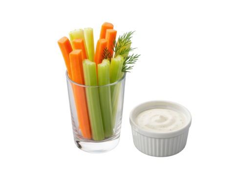 Fresh, vibrant carrot & celery sticks in glass cup, creamy ranch dip in white ramekin with dill, transparent, 45-degree close-up, healthy snack product concept.