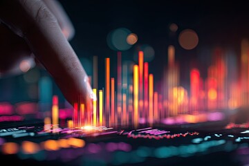 Finger interacts with glowing data visualizations