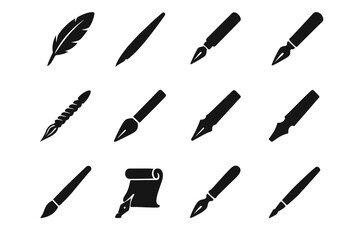 Vector glass ivory icon reed dip pen writing age silhouette icons historical