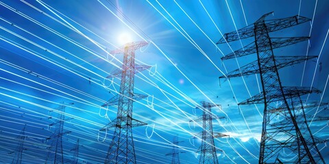Electric power transmission towers against a vibrant blue sky, with dynamic light streaks suggesting energy flow