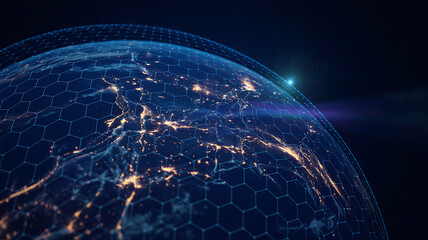 Global network connection with glowing city lights and data grid, technology concept