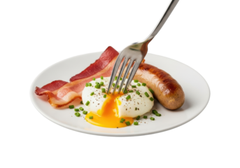 Perfectly poached egg with bright runny yolk pierced by a stainless steel fork, alongside crisp bacon and plump sausage on white plate with chives, high-key studio commercial food photography concept