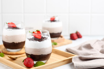 Chocolate mousse with strawberry topping.