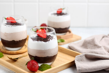 Chocolate mousse with strawberry topping.