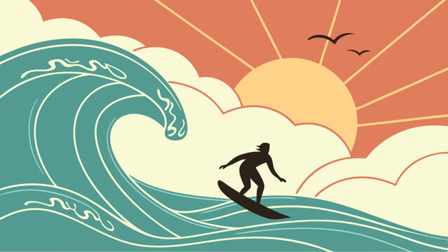 Surfer riding a wave at sunrise. - Powered by Adobe
