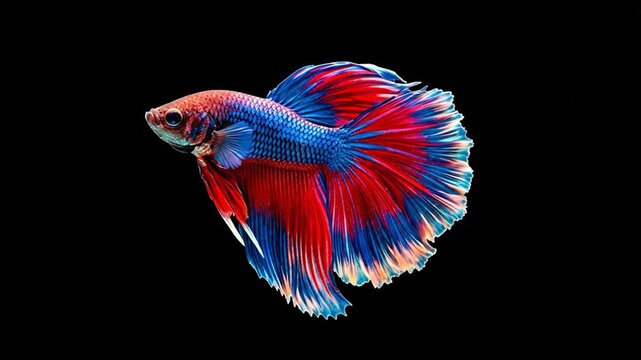 A betta fish with vibrant red and blue colors floating against a stark black background
