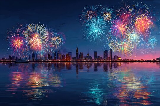 City skyline at night, fireworks display over water