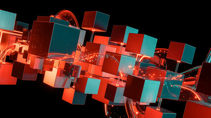 Dynamic 3D cubes with vibrant light trails and data flow, perfect for tech concepts and design