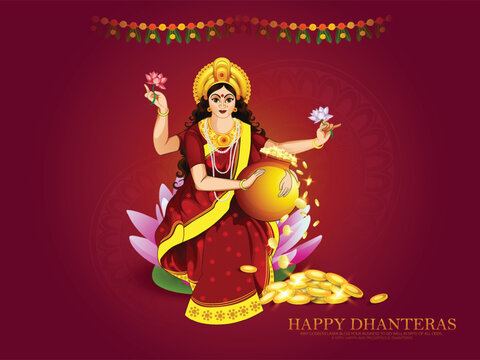 Goddess Lakshmi seated on a lotus pours gold coins amid flowers and garlands, evoking prosperity, fortune and sacred blessings for Dhanteras and Diwali celebrations in a vibrant traditional style.