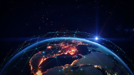 Global network connecting cities with data transfer over the Earth in a stunning space view