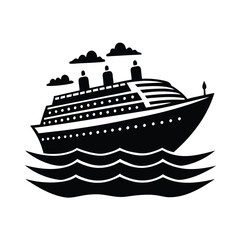 Fototapeta premium Cruise ship with passengers enjoying travel vacation vector silhouette on white background