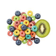 Vibrant, multi-colored crunchy fruity cereal pile, fresh blueberries, and sliced kiwi elegantly arranged, isolated on a seamless transparent background. Delicious breakfast concept