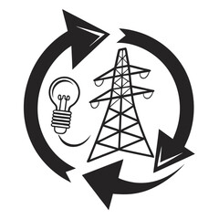 Energy cycle illustration featuring a lightbulb and power lines within a circular arrow.